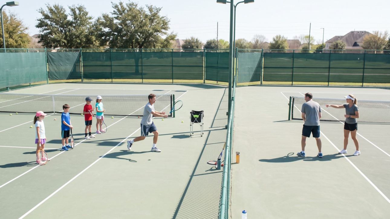 Tennis coaches working with a junior group and an adult student on adjacent courts