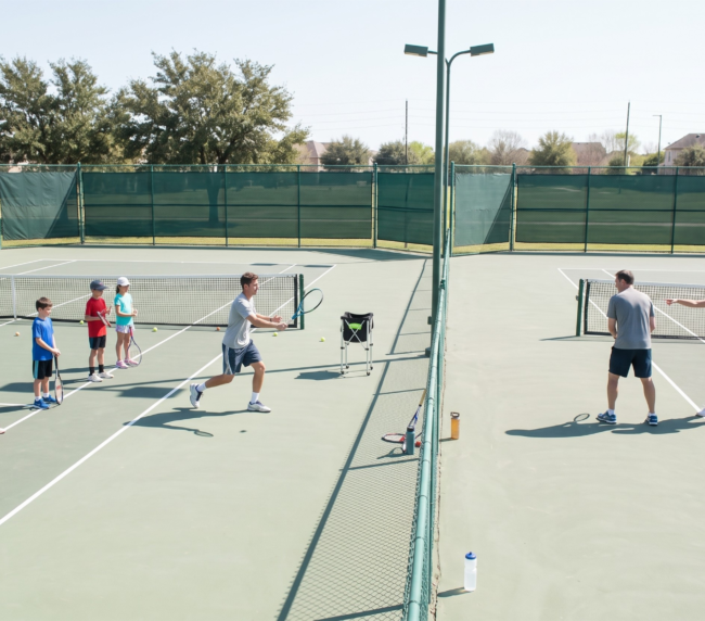 Tennis coaches working with a junior group and an adult student on adjacent courts