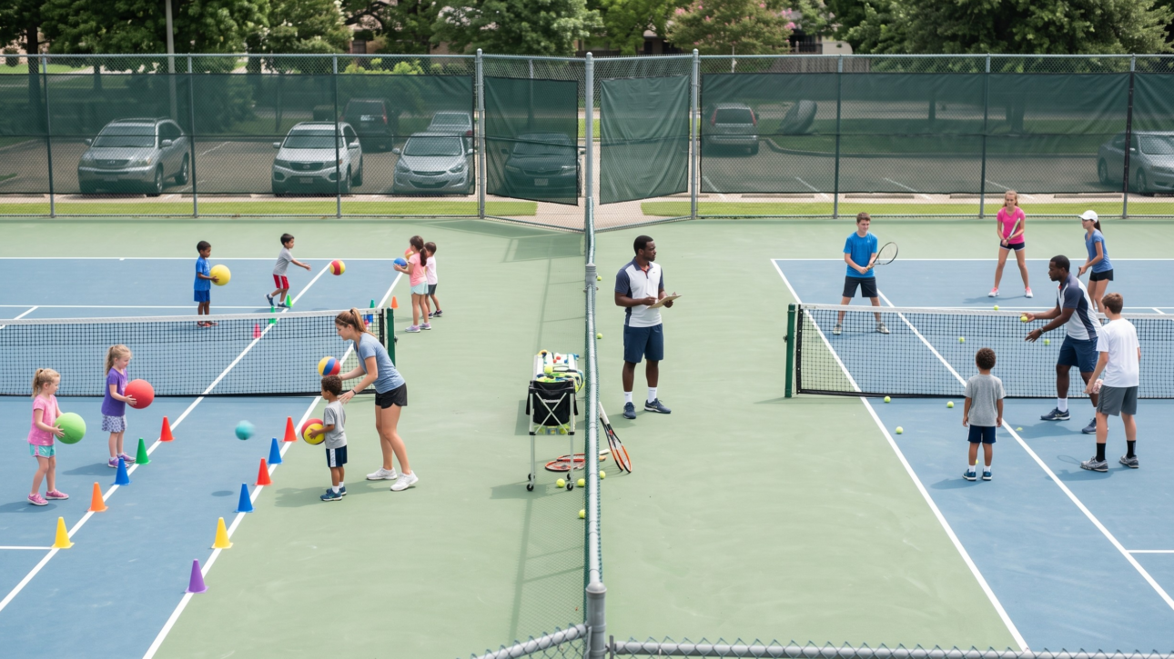 Aerial view of a tennis academy with a beginner group and older juniors training on adjacent courts