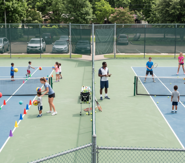 Aerial view of a tennis academy with a beginner group and older juniors training on adjacent courts
