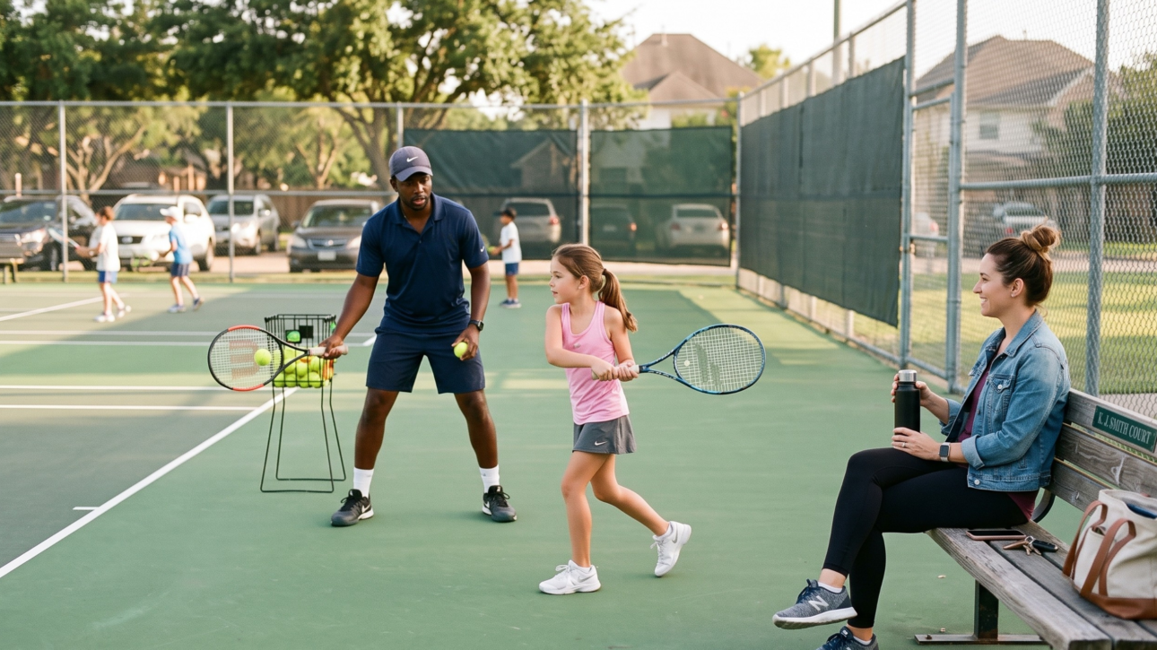 Coach feeding balls to a young girl during a tennis lesson as her mother watches from a bench