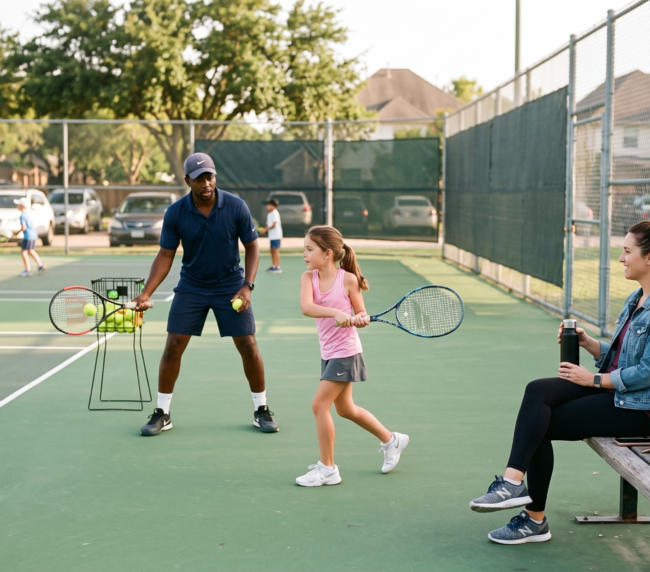 Coach feeding balls to a young girl during a tennis lesson as her mother watches from a bench